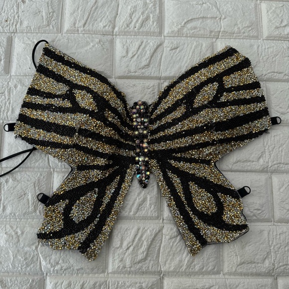 Windsor Beaded Butterfly Halter Top Strappy Back Sparkly Rhinestones Black/Gold - Picture 3 of 10